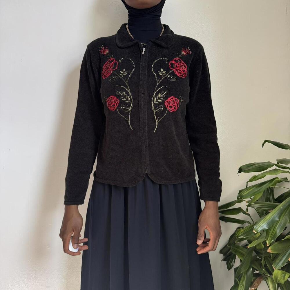 Vintage‎ Christopher & Banks Rose Embroidered Zip-Up Cardigan size M